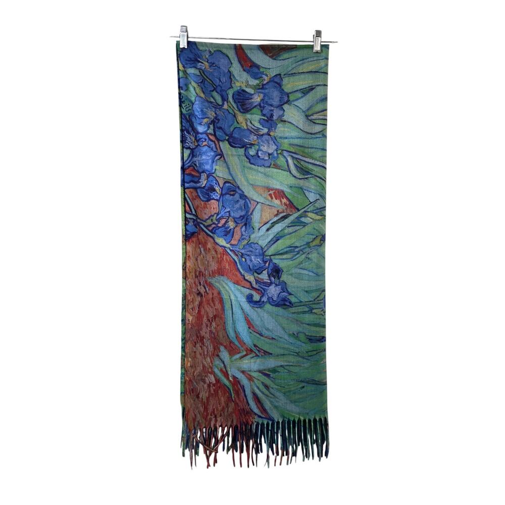 Van Gogh Irises Inspired Scarf Wrap Blue Green Floral Fringe Viscose